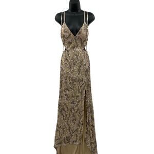 Scala tan old sequin open back gown